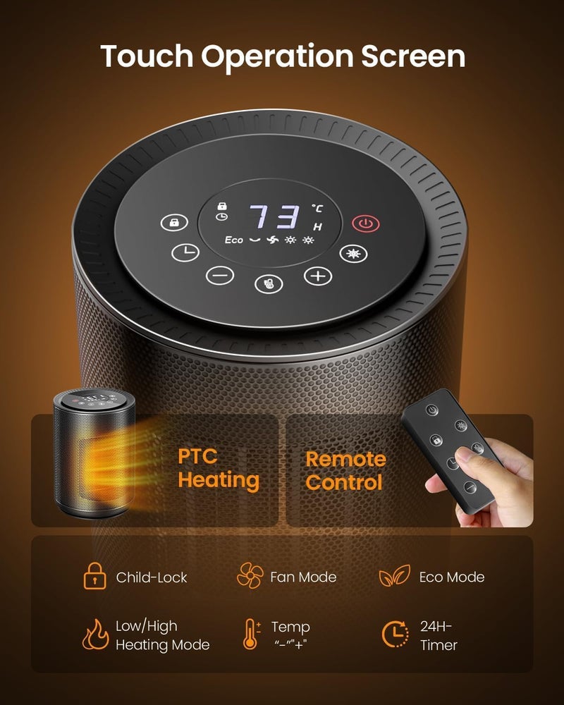 Electactic Small Space Heaters for Indoor Use, Mini Portable Electric Heaters Fan with Thermostat & Remote, LED Touch Screen, 24H Timer, Eco Mode, Desk Ceramic Heater for Office/Bedroom/Bathroom/RV - Image 4